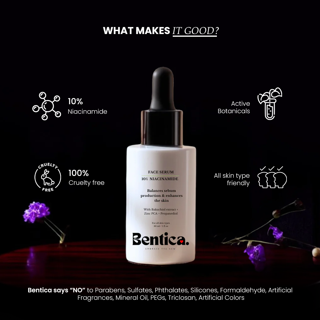 Bentica 10% Niacinamide Face Serum – Skin Brightening Serum with Bakuchiol and Zinc PCA